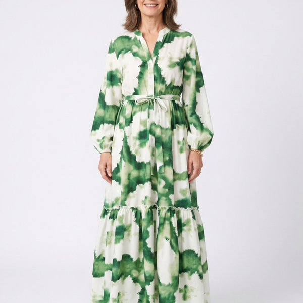 Sieglinde — Green Leaf-Print Tiered Maxi Dress with Tie Waist and Long Sleeves