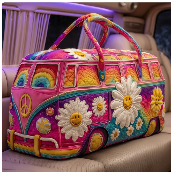 Alvhild — Pink Rainbow Daisy Camper Van Quilted Duffle Bag
