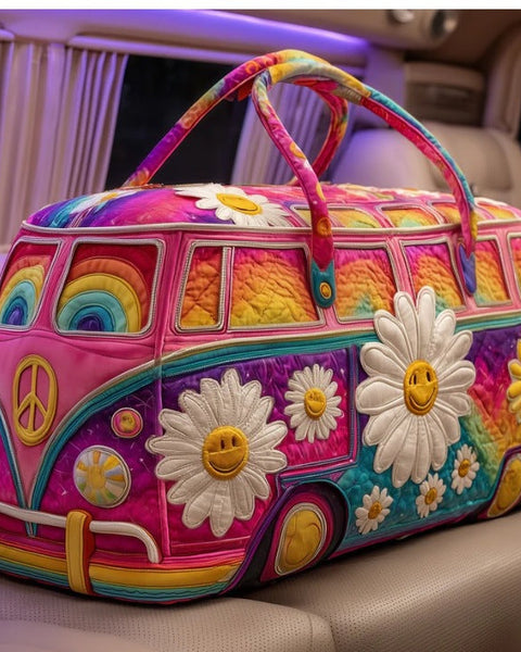 Alvhild — Pink Rainbow Daisy Camper Van Quilted Duffle Bag