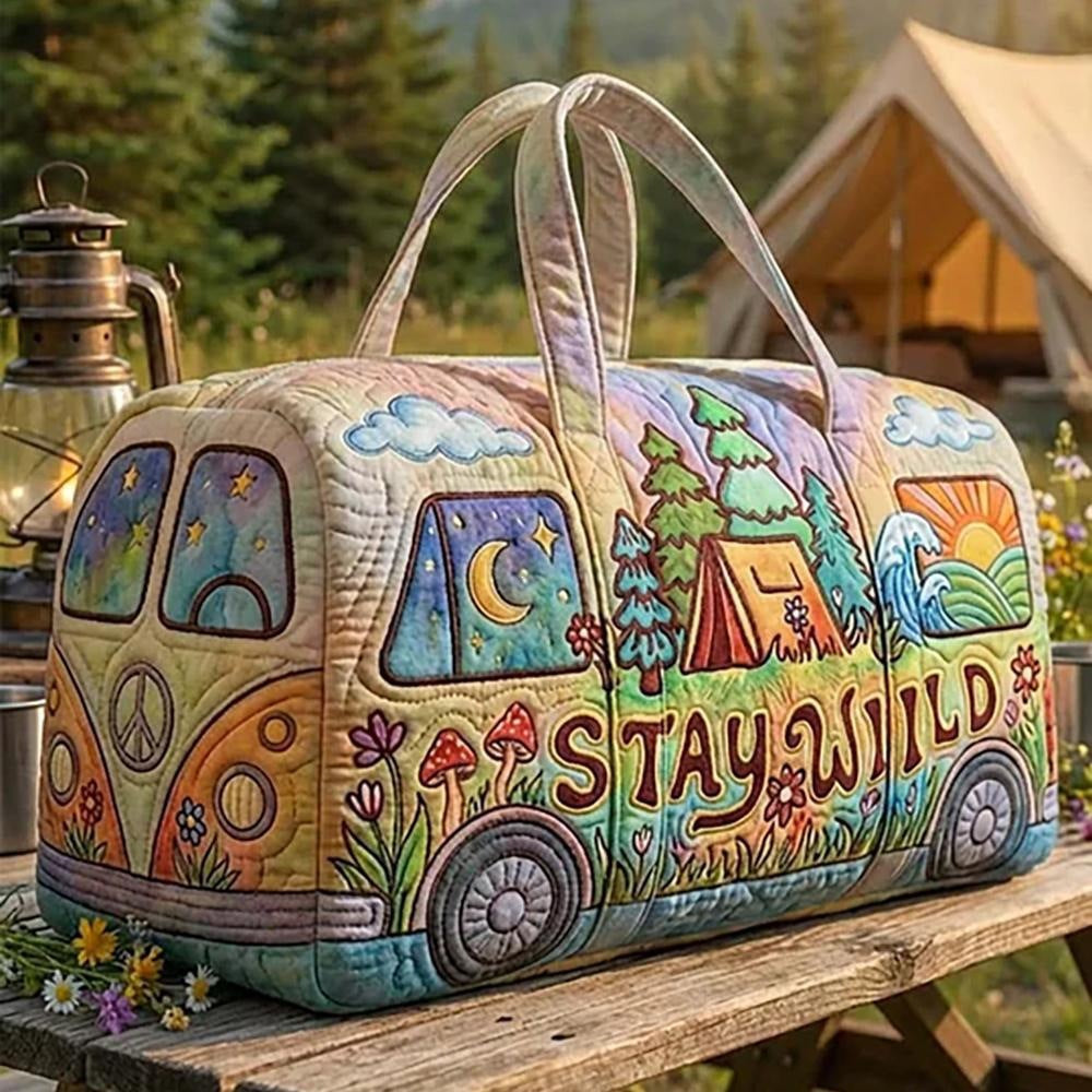 Charmaine — Stay Wild Camping Scene Camper Van Quilted Duffle Bag