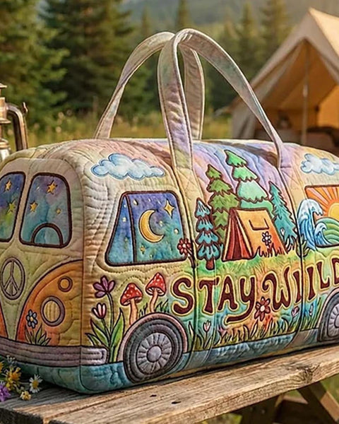 Charmaine — Stay Wild Camping Scene Camper Van Quilted Duffle Bag