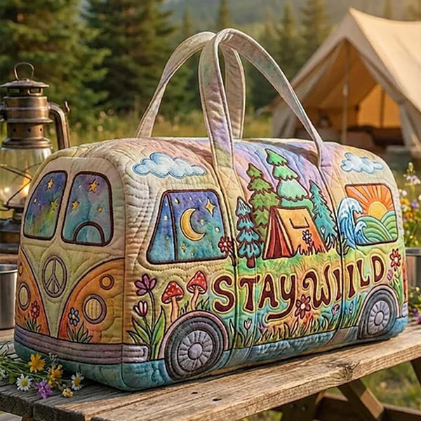 Charmaine — Stay Wild Camping Scene Camper Van Quilted Duffle Bag