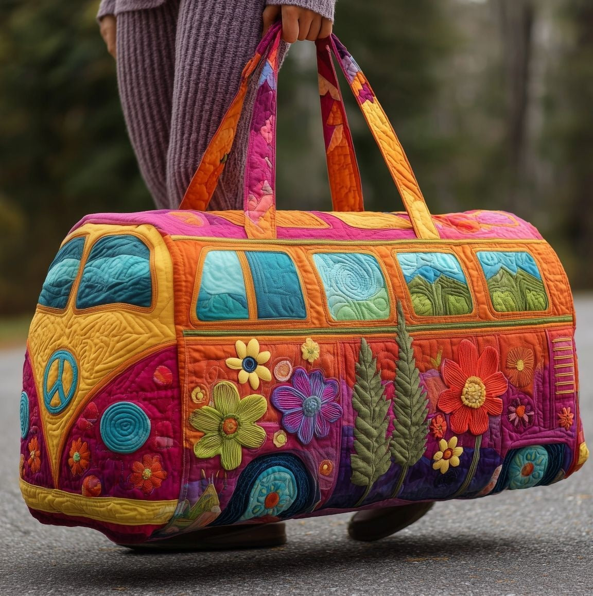 Joscelin — Orange and Pink Bloom Camper Van Quilted Weekend Bag