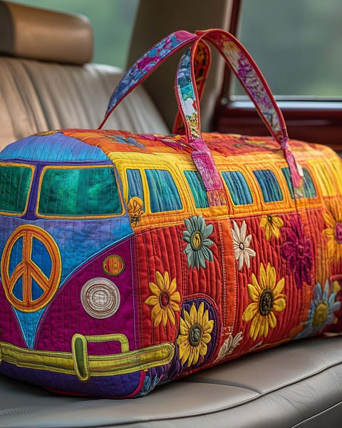 Jerusha — Purple and Orange Peace Flower Camper Van Quilted Duffle Bag