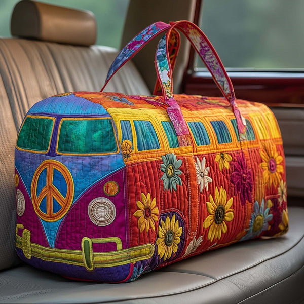 Jerusha — Purple and Orange Peace Flower Camper Van Quilted Duffle Bag