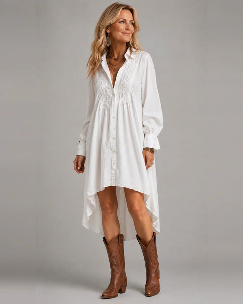 Idony — White High-Low Shirt Dress with Embroidered Yoke and Ruffle Cuffs