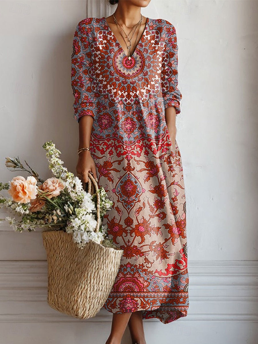 Bailey — Red Medallion-Print V-Neck Boho Maxi Dress