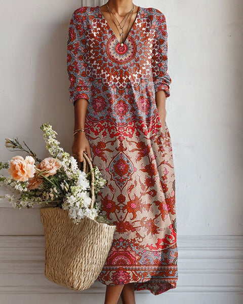 Bailey — Red Medallion-Print V-Neck Boho Maxi Dress