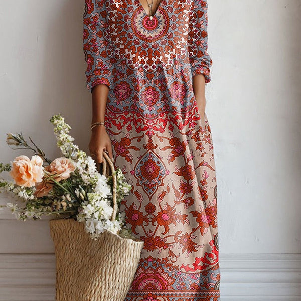 Bailey — Red Medallion-Print V-Neck Boho Maxi Dress