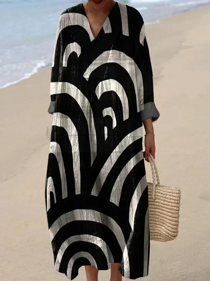 Lenora — Black and White Wave-Print Midi Dress