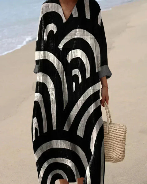 Lenora — Black and White Wave-Print Midi Dress