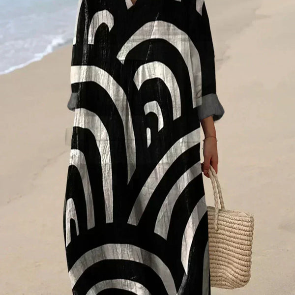 Lenora — Black and White Wave-Print Midi Dress