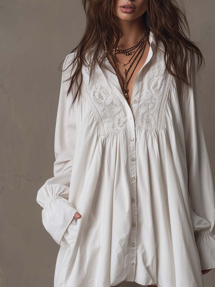 Idony — White High-Low Shirt Dress with Embroidered Yoke and Ruffle Cuffs