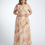 Alruna — Peach Floral V-Neck Maxi Dress with Flutter Sleeves and Gathered Waist