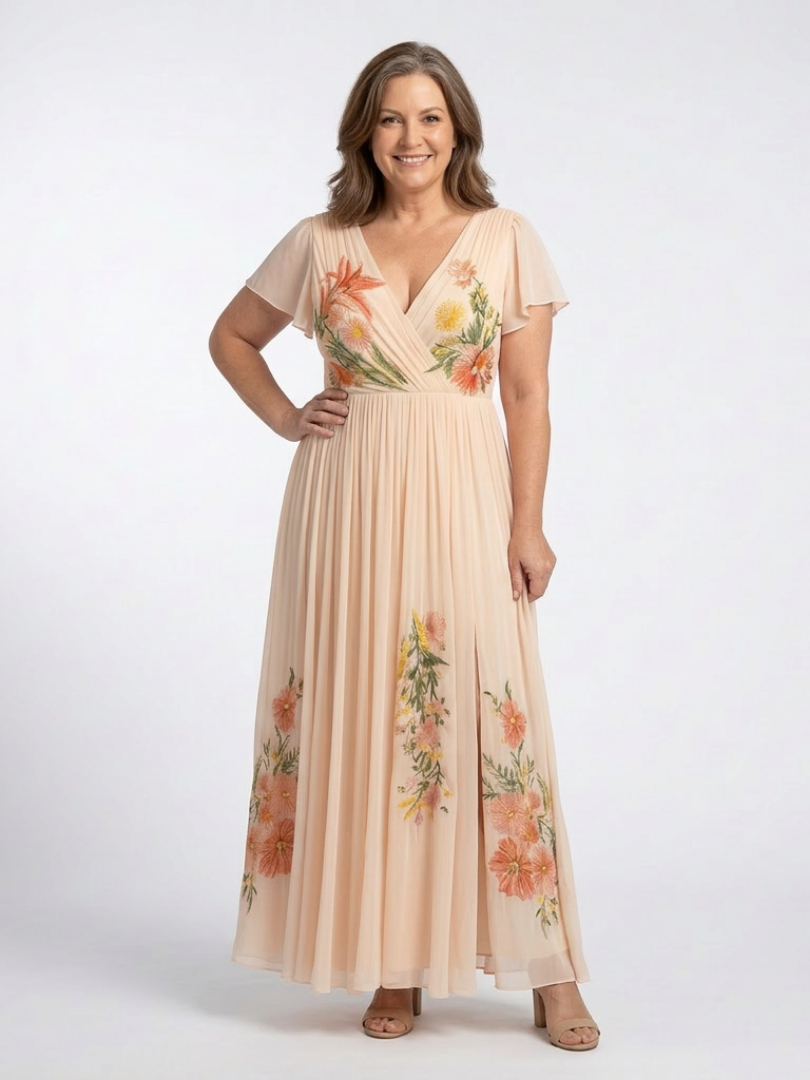 Melusine — Peach Pleated Maxi Dress with Floral Detail and Flutter Sleeves