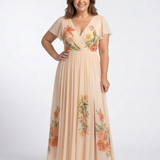 Melusine — Peach Pleated Maxi Dress with Floral Detail and Flutter Sleeves