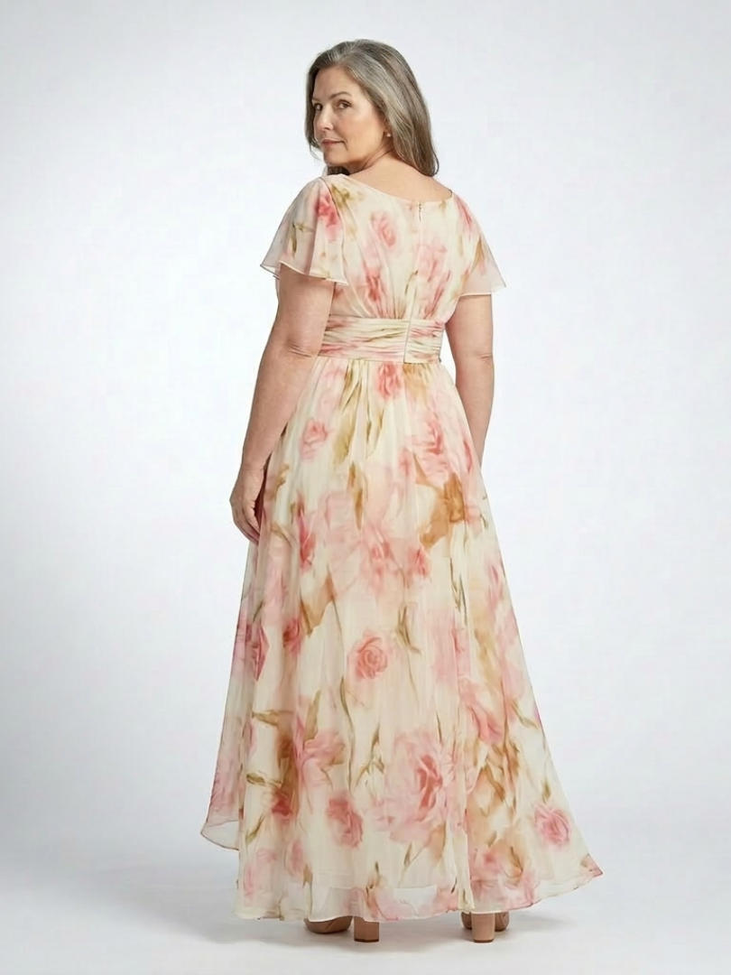 Alruna — Peach Floral V-Neck Maxi Dress with Flutter Sleeves and Gathered Waist