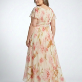 Alruna — Peach Floral V-Neck Maxi Dress with Flutter Sleeves and Gathered Waist