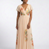 Melusine — Peach Pleated Maxi Dress with Floral Detail and Flutter Sleeves
