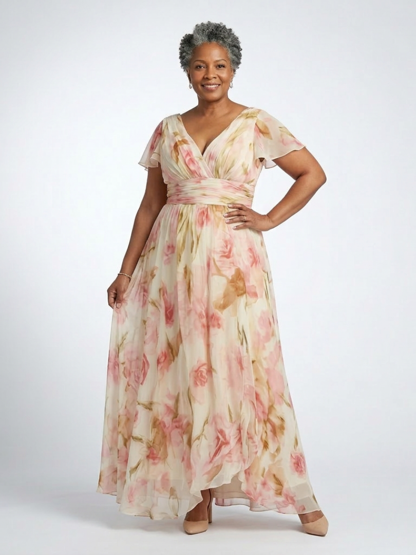 Alruna — Peach Floral V-Neck Maxi Dress with Flutter Sleeves and Gathered Waist