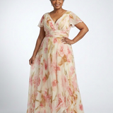 Alruna — Peach Floral V-Neck Maxi Dress with Flutter Sleeves and Gathered Waist