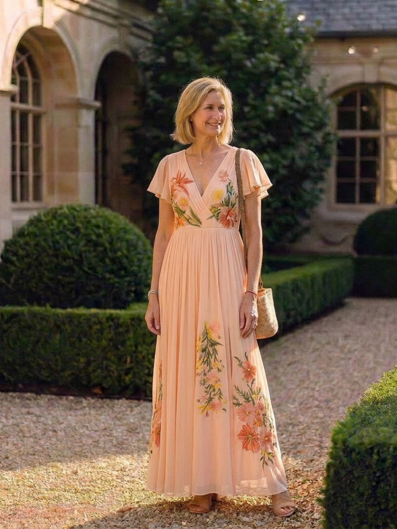 Melusine — Peach Pleated Maxi Dress with Floral Detail and Flutter Sleeves