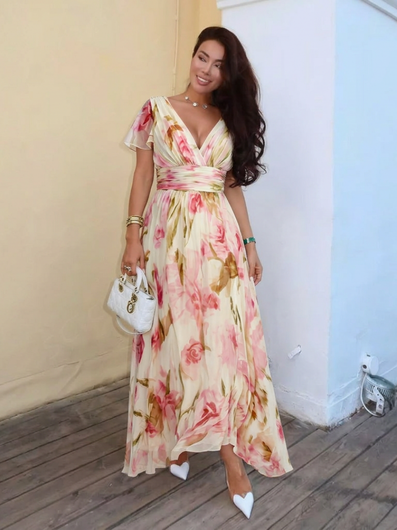 Alruna — Peach Floral V-Neck Maxi Dress with Flutter Sleeves and Gathered Waist
