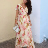 Alruna — Peach Floral V-Neck Maxi Dress with Flutter Sleeves and Gathered Waist