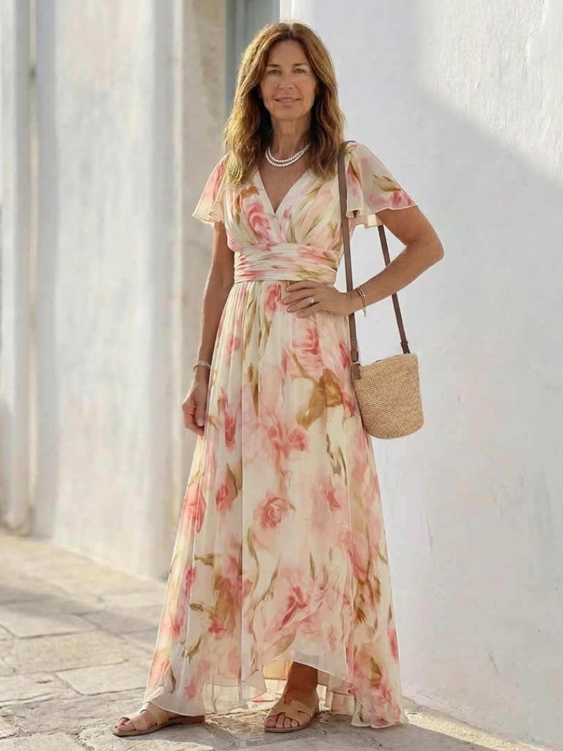 Alruna — Peach Floral V-Neck Maxi Dress with Flutter Sleeves and Gathered Waist