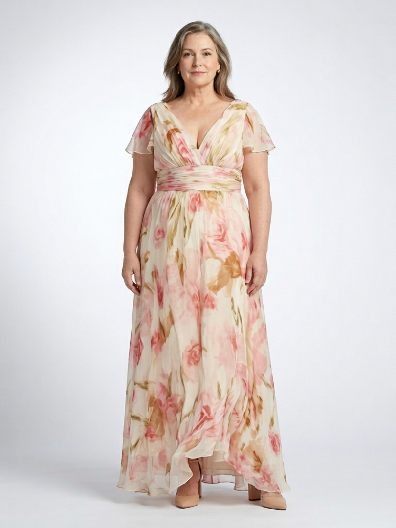 Alruna — Peach Floral V-Neck Maxi Dress with Flutter Sleeves and Gathered Waist