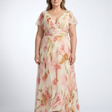 Alruna — Peach Floral V-Neck Maxi Dress with Flutter Sleeves and Gathered Waist