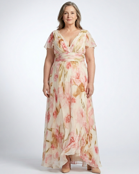 Alruna — Peach Floral V-Neck Maxi Dress with Flutter Sleeves and Gathered Waist