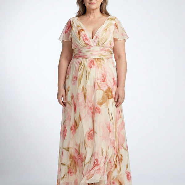 Alruna — Peach Floral V-Neck Maxi Dress with Flutter Sleeves and Gathered Waist