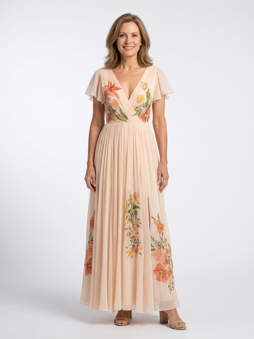 Melusine — Peach Pleated Maxi Dress with Floral Detail and Flutter Sleeves