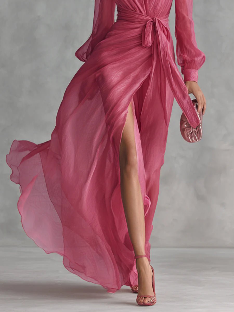 Annelien — Pink Wrap-Front Maxi Dress with Long Sleeves and Side Slit