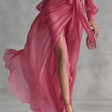 Annelien — Pink Wrap-Front Maxi Dress with Long Sleeves and Side Slit