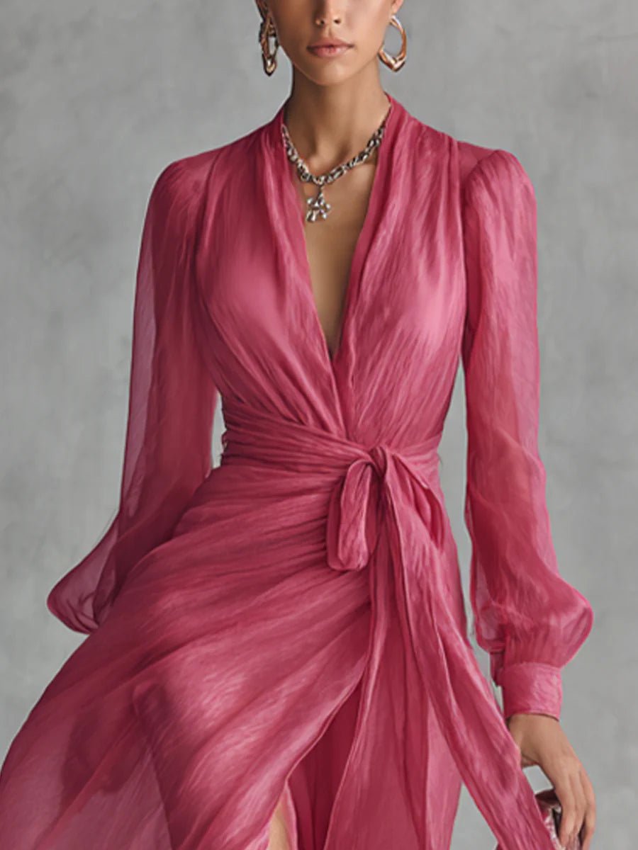 Annelien — Pink Wrap-Front Maxi Dress with Long Sleeves and Side Slit