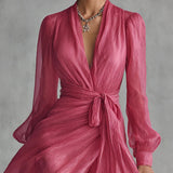 Annelien — Pink Wrap-Front Maxi Dress with Long Sleeves and Side Slit