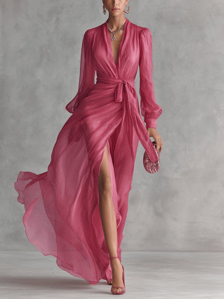 Annelien — Pink Wrap-Front Maxi Dress with Long Sleeves and Side Slit