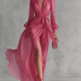 Annelien — Pink Wrap-Front Maxi Dress with Long Sleeves and Side Slit
