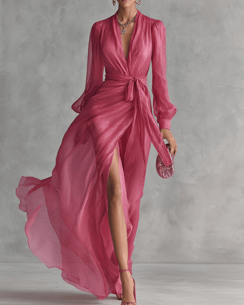 Annelien — Pink Wrap-Front Maxi Dress with Long Sleeves and Side Slit