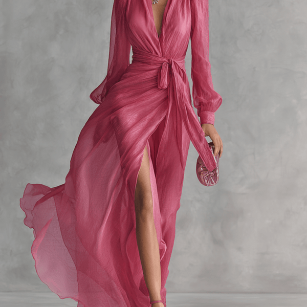 Annelien — Pink Wrap-Front Maxi Dress with Long Sleeves and Side Slit