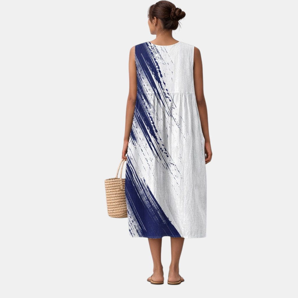 Aubree — White Brushstroke-Print Sleeveless Midi Dress