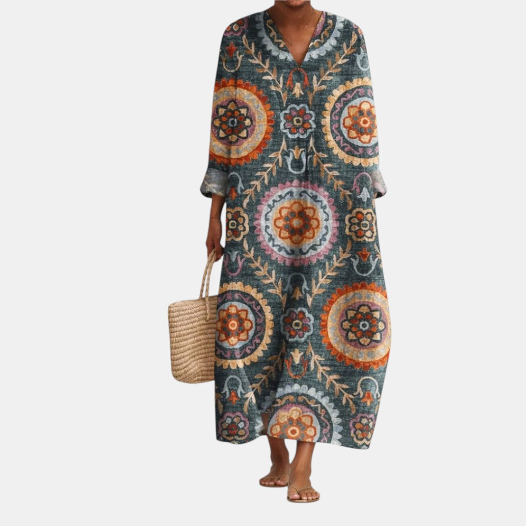 Daria — Teal Mandala-Print V-Neck Boho Maxi Dress