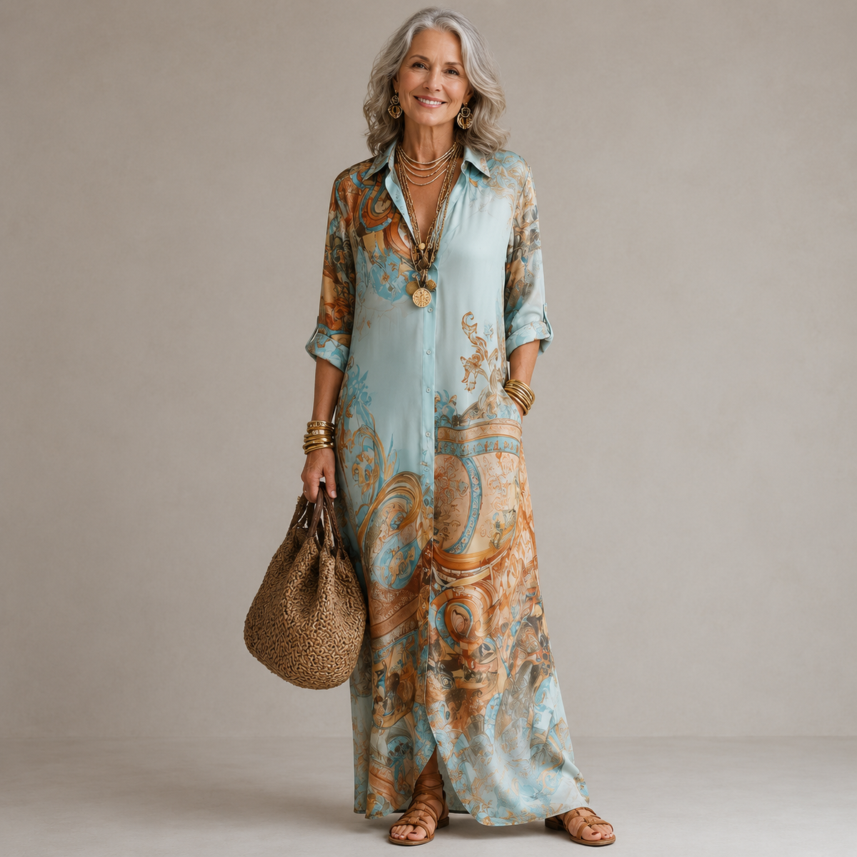 Lorelei — Turquoise Baroque Print Maxi Dress