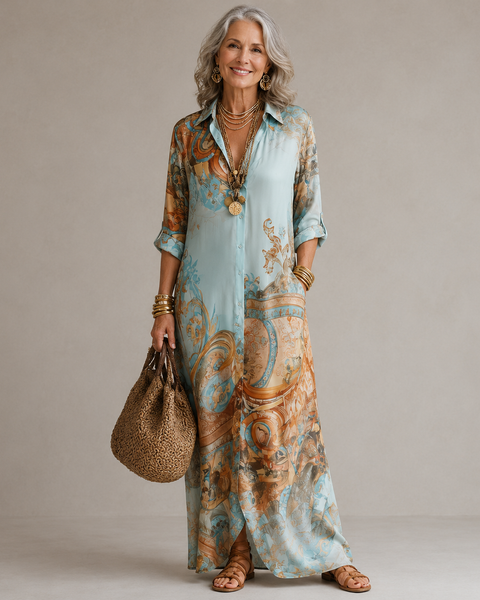 Lorelei — Turquoise Baroque Print Maxi Dress