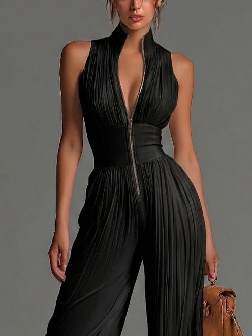 Melania — Black Zip-Front Pleated Wide-Leg Jumpsuit