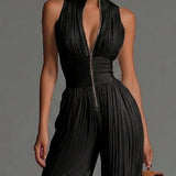 Melania — Black Zip-Front Pleated Wide-Leg Jumpsuit