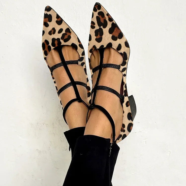Cecilia — Leopard-Print Pointed Flats with Ankle Straps