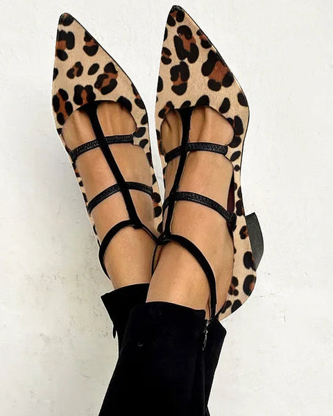Cecilia — Leopard-Print Pointed Flats with Ankle Straps
